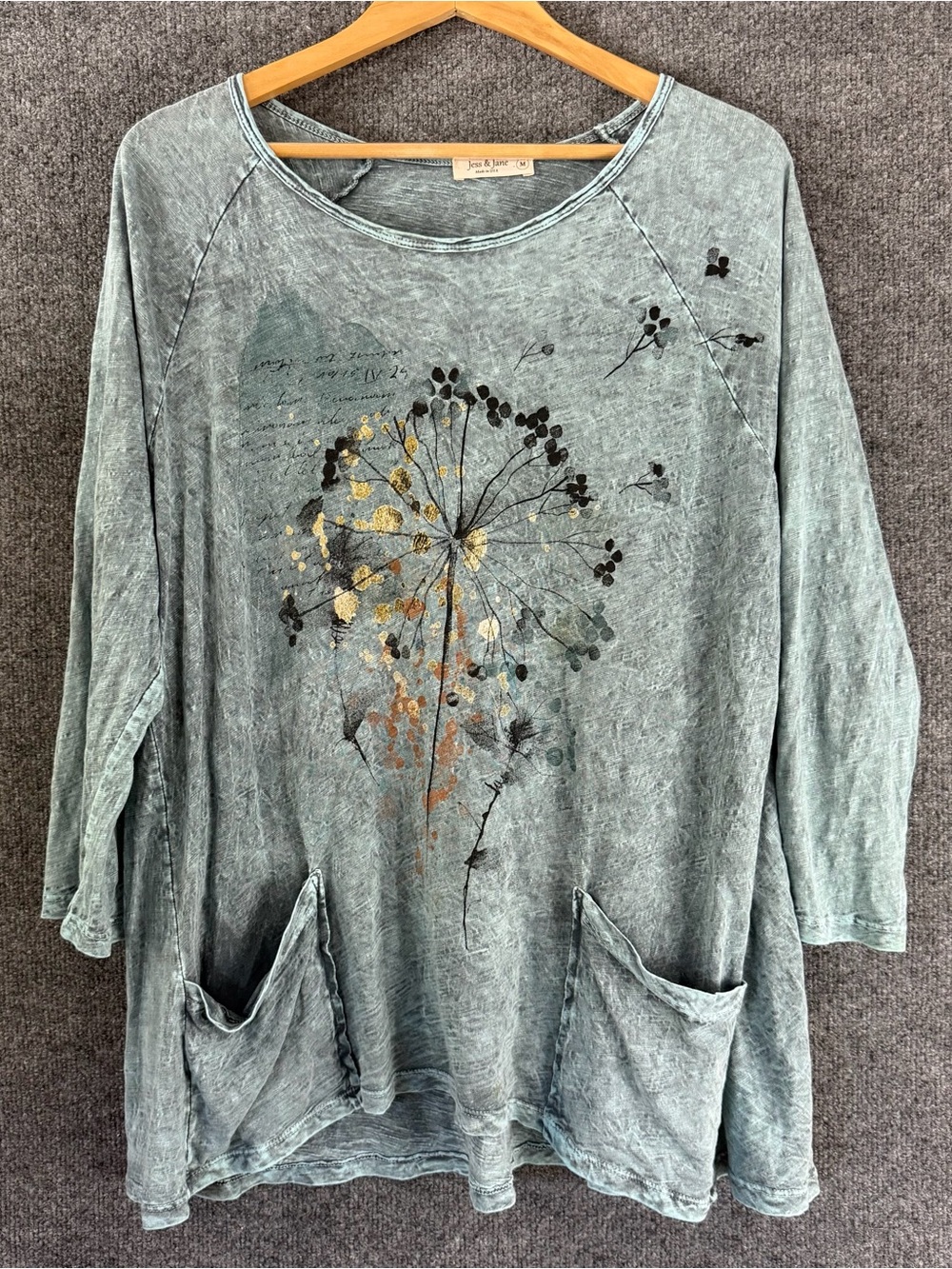 Jess & Jane Mineral Washed 3/4 Sleeve Tunic Top Size Medium Teal Floral Artsy